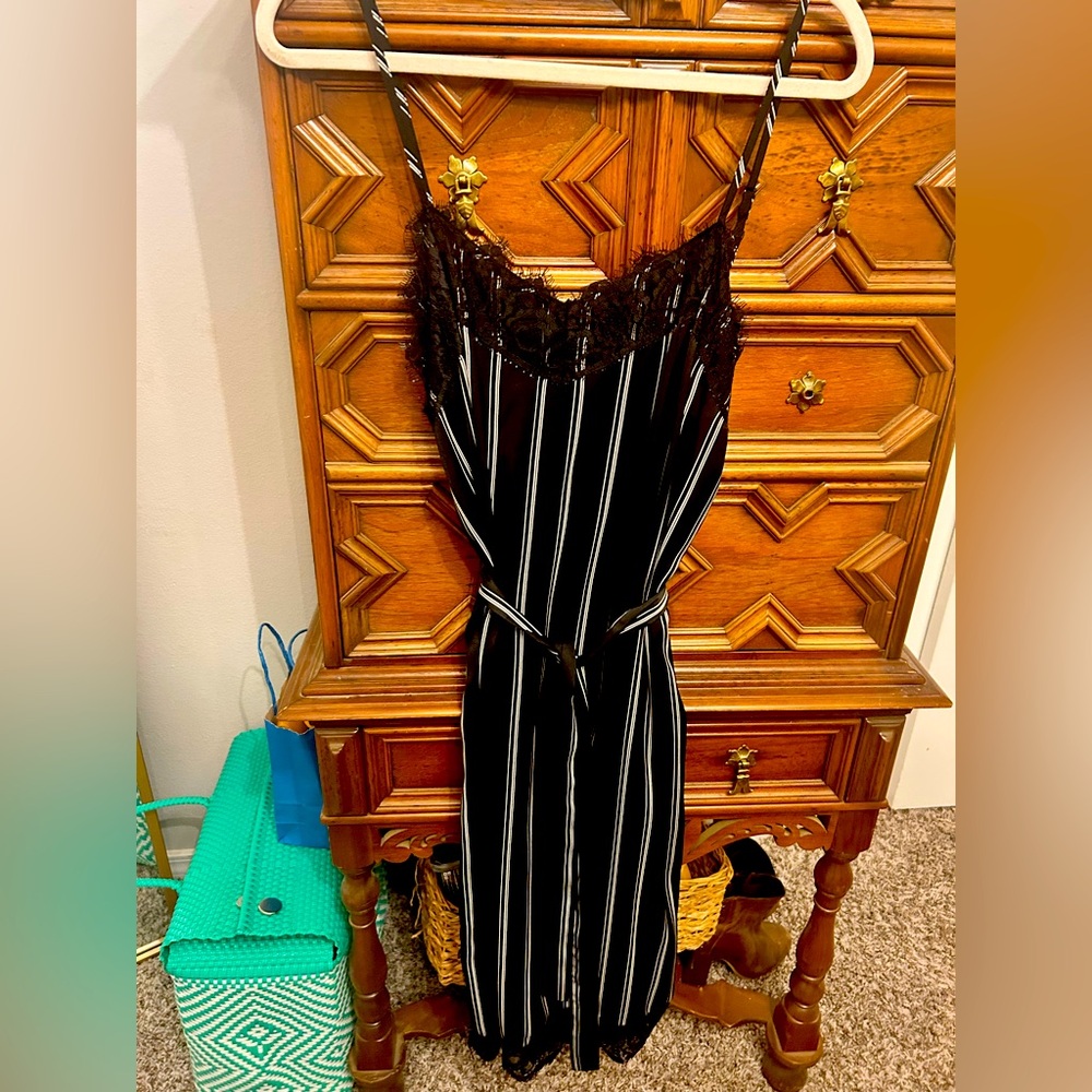 Who what wear Black and White Striped Lace silk like dress